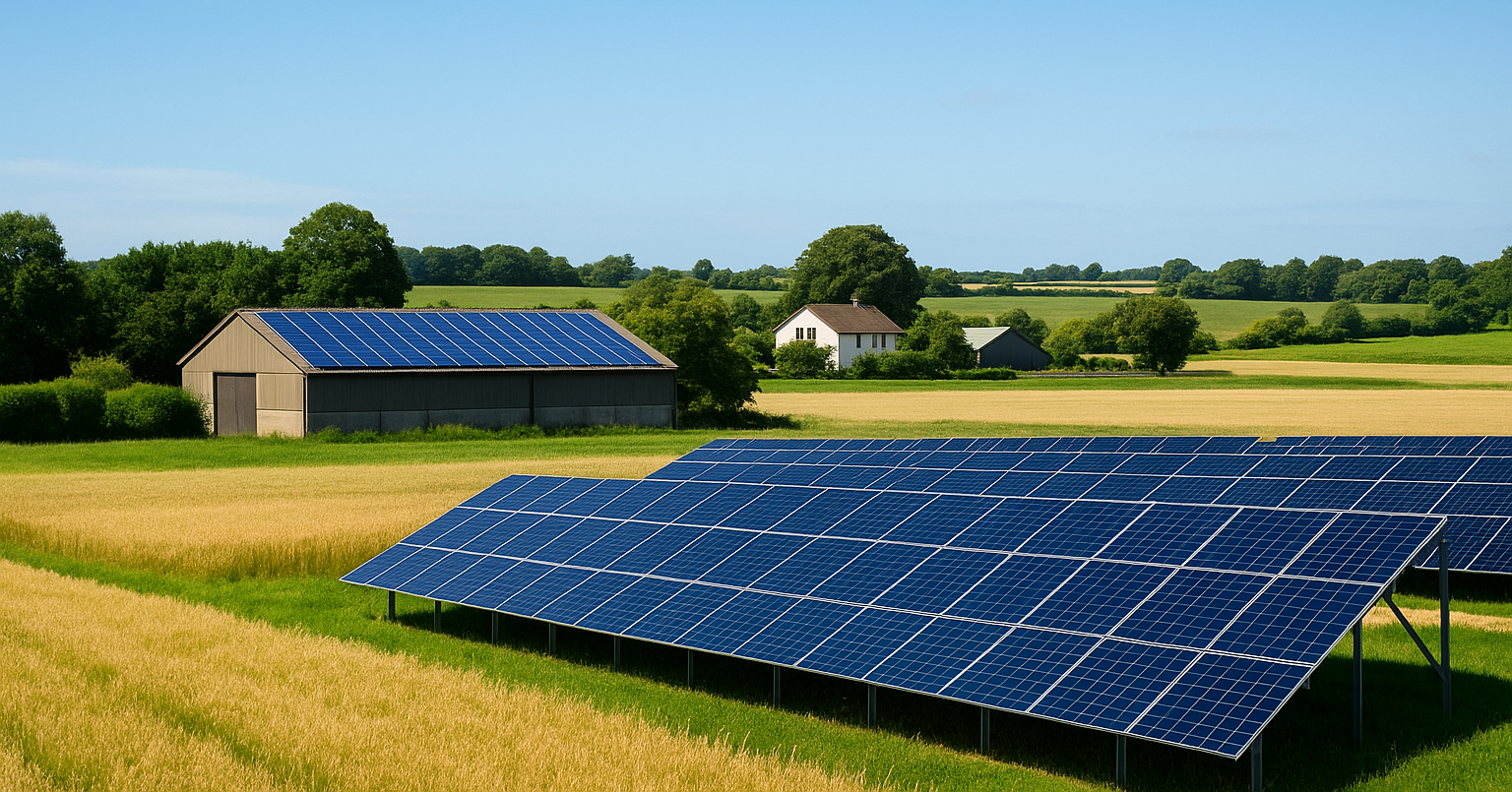 Solar panels and fields on Irish farm